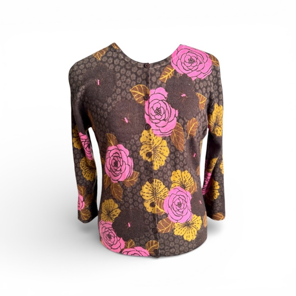 Garnet Hill Floral Cardigan in Brown with Pink and Gold Accents